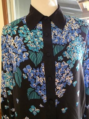 Bob Mackie Wearable Art SILK Blouse with Blue & Teal Floral Print XS